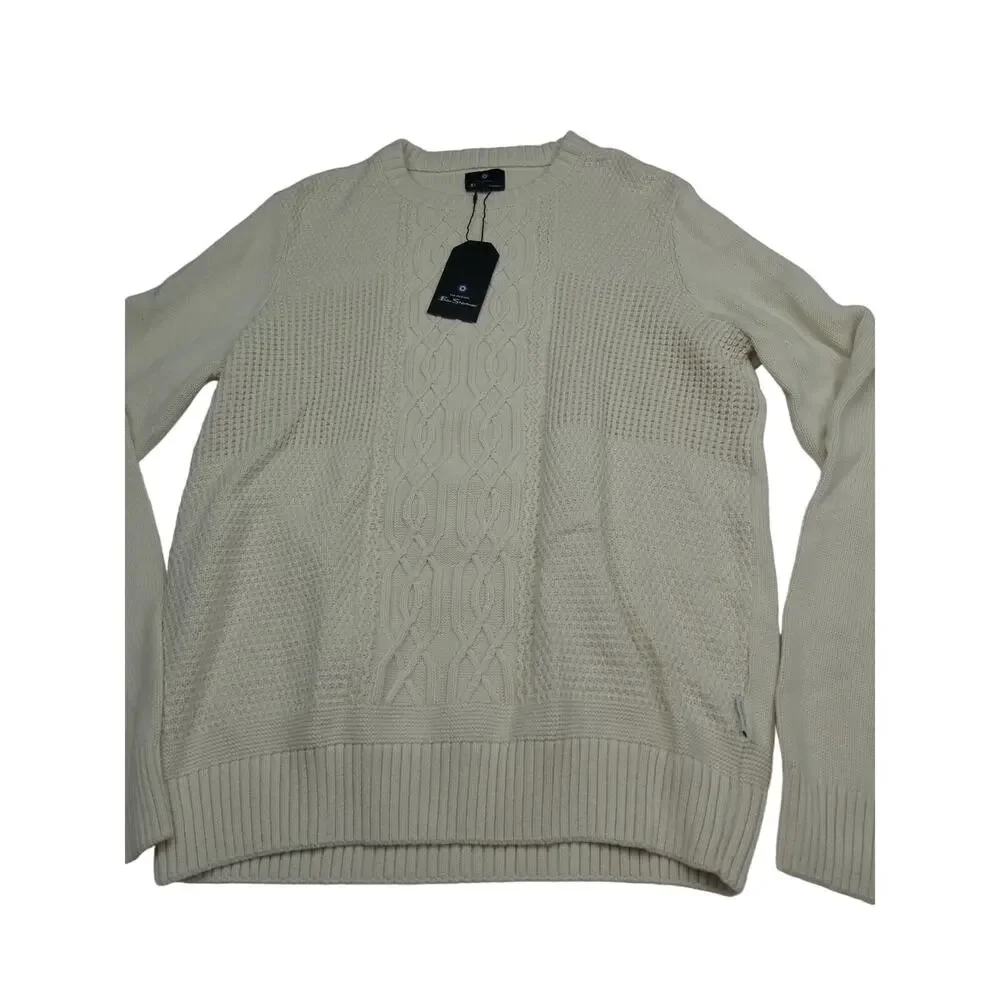 Ben Sherman Men Fisherman Cable-knit Sweater medium Ivory Crewneck Pullover NWT